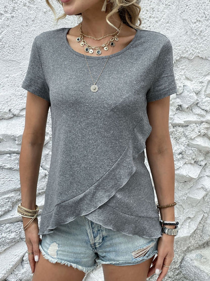 Ruffled Round Neck Short Sleeve Top Gray