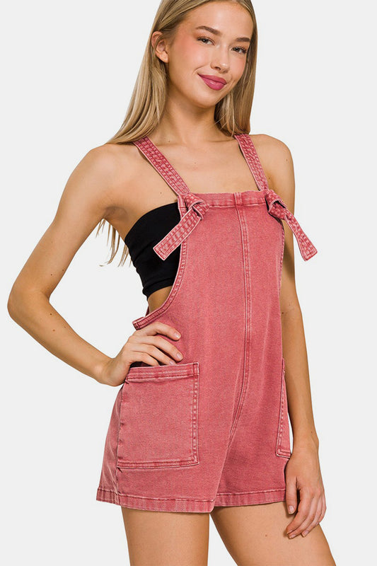 Zenana Washed Knot Strap Rompers CABERNET