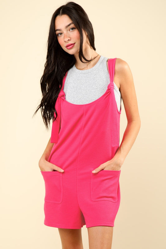 VERY J Tie Shoulder Front Pocket Romper Hot Pink