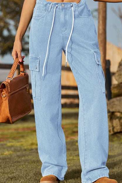 Loose Fit Drawstring Jeans with Pocket Light