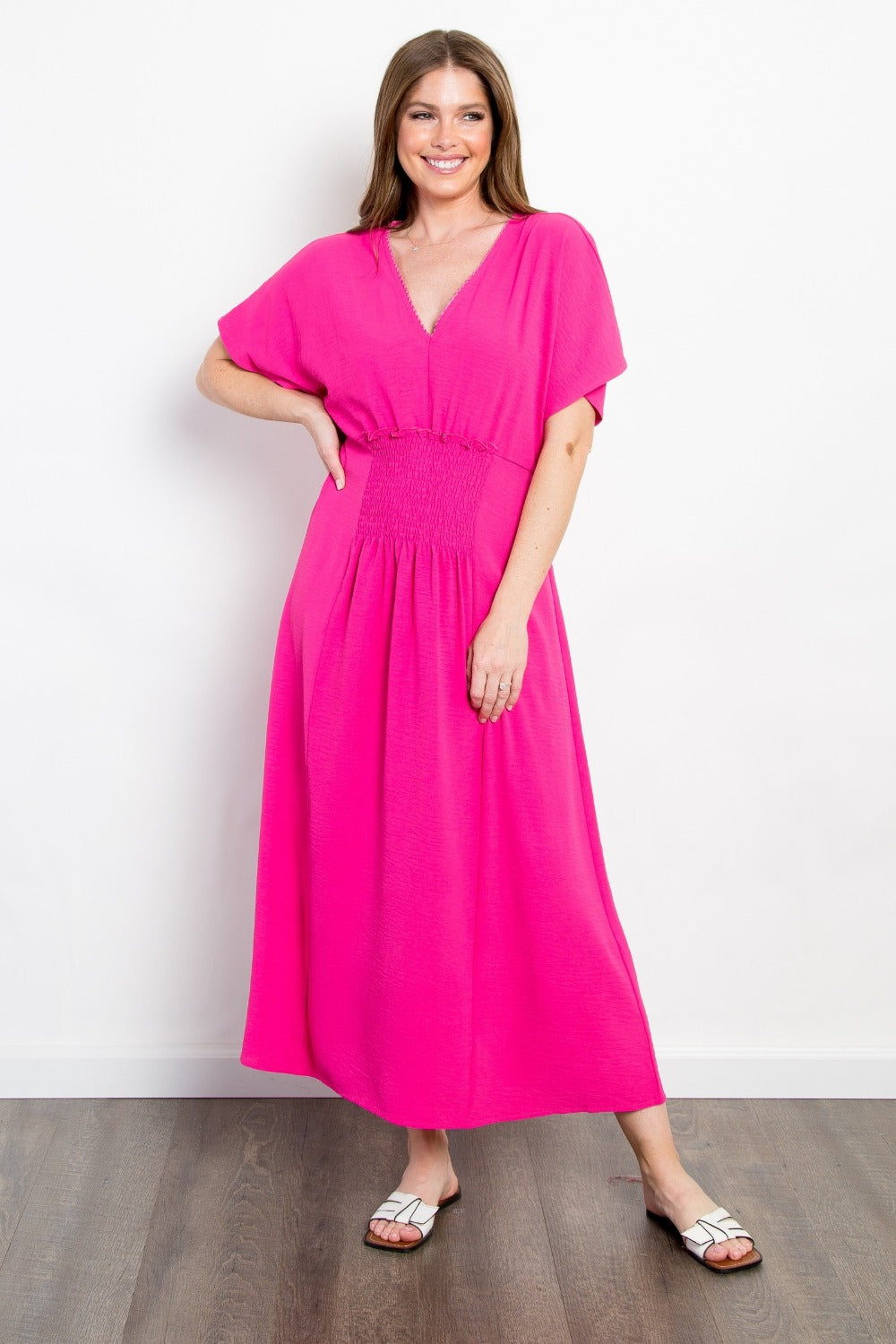 Be Stage Full Size Shirred Front Short Sleeve Maxi Dress Fuchsia