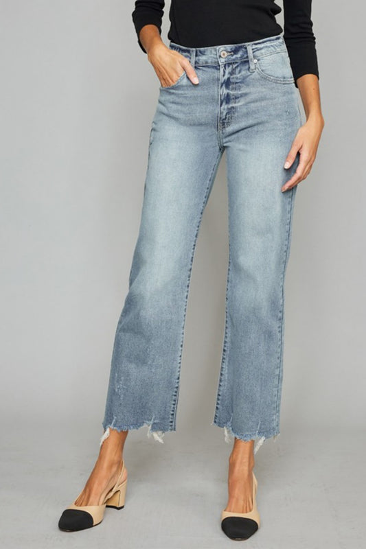 Kancan High Waist Raw Hem Cropped Wide Leg Jeans Light