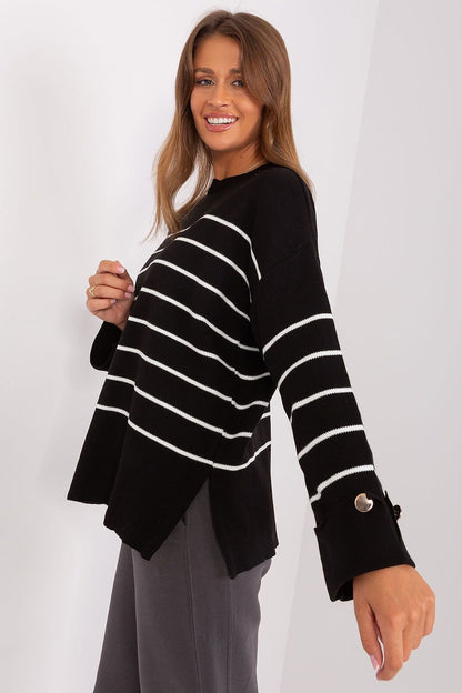 Casual Striped Sweater with Decorative Buttons