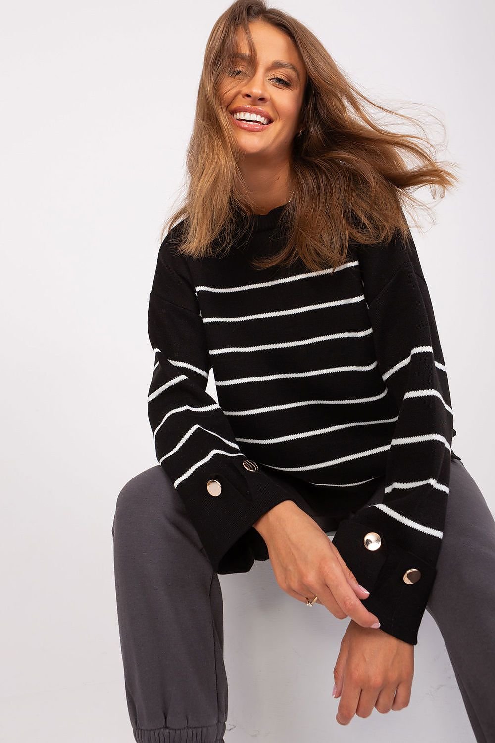 Casual Striped Sweater with Decorative Buttons