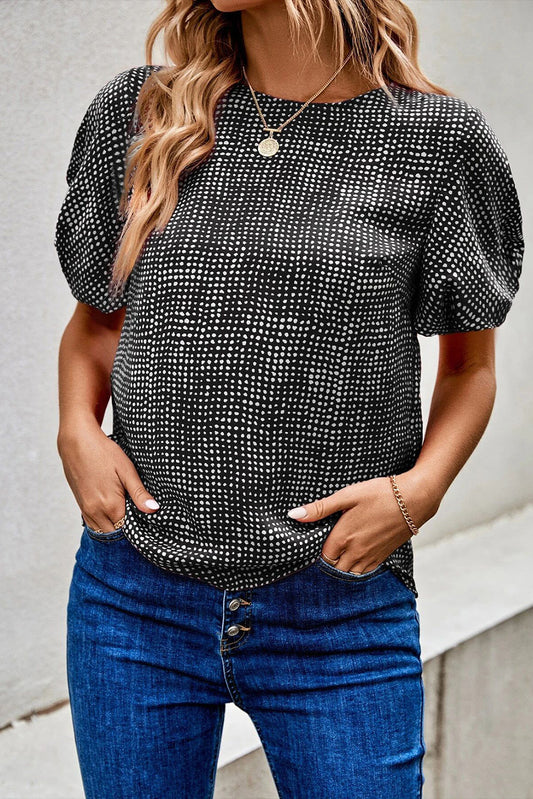 Printed Round Neck Short Sleeve Blouse Black