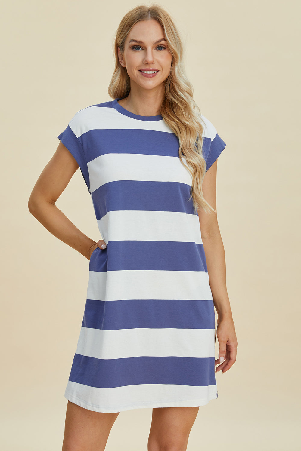 Basic Bae Full Size Striped Round Neck Cap Sleeve Mini Dress Dusty Blue