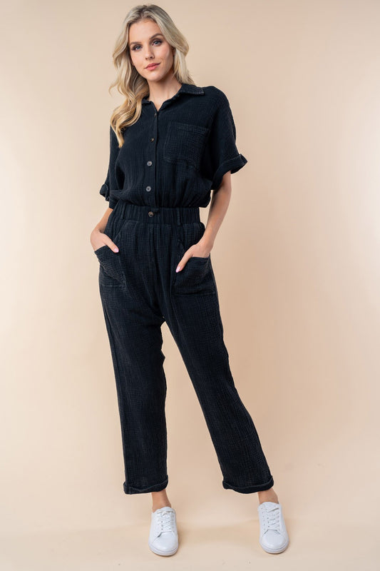 White Birch Texture Short Sleeve Jumpsuit Black