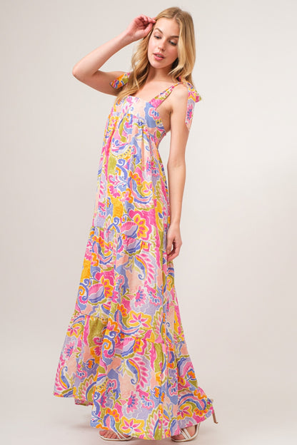 And The Why Full Size Printed Tie Shoulder Tiered Maxi Dress Multicolor