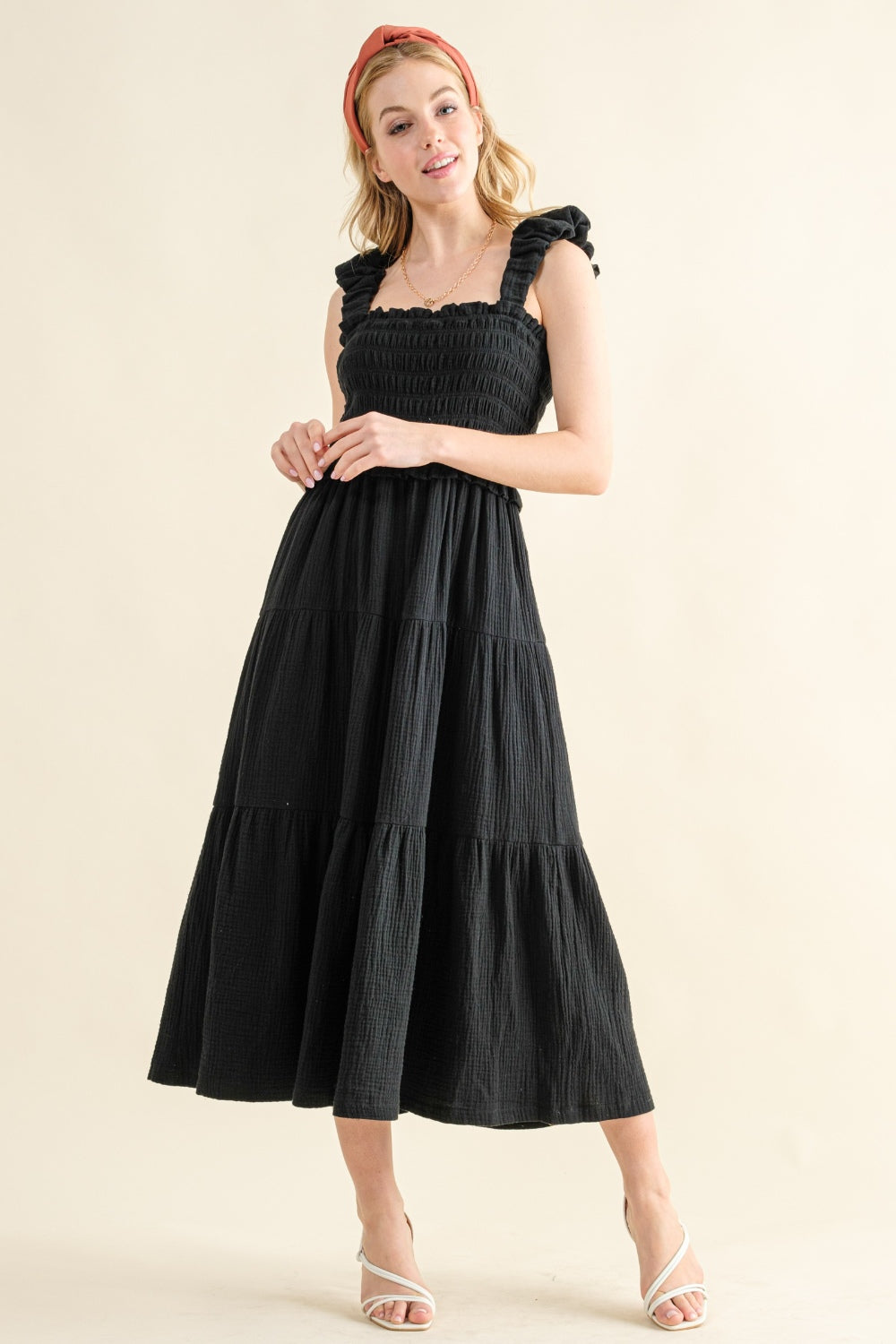 And The Why Smocked Ruffled Tiered Dress Black