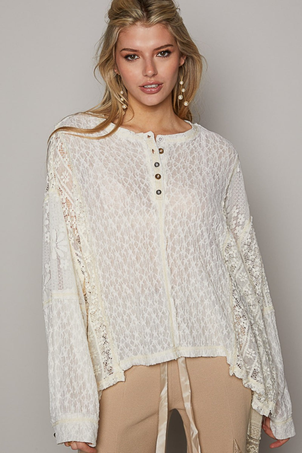 POL Round Neck Long Sleeve Raw Edge Lace Top Cream