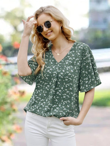 Printed V-Neck Slit Half Sleeve Blouse Sage