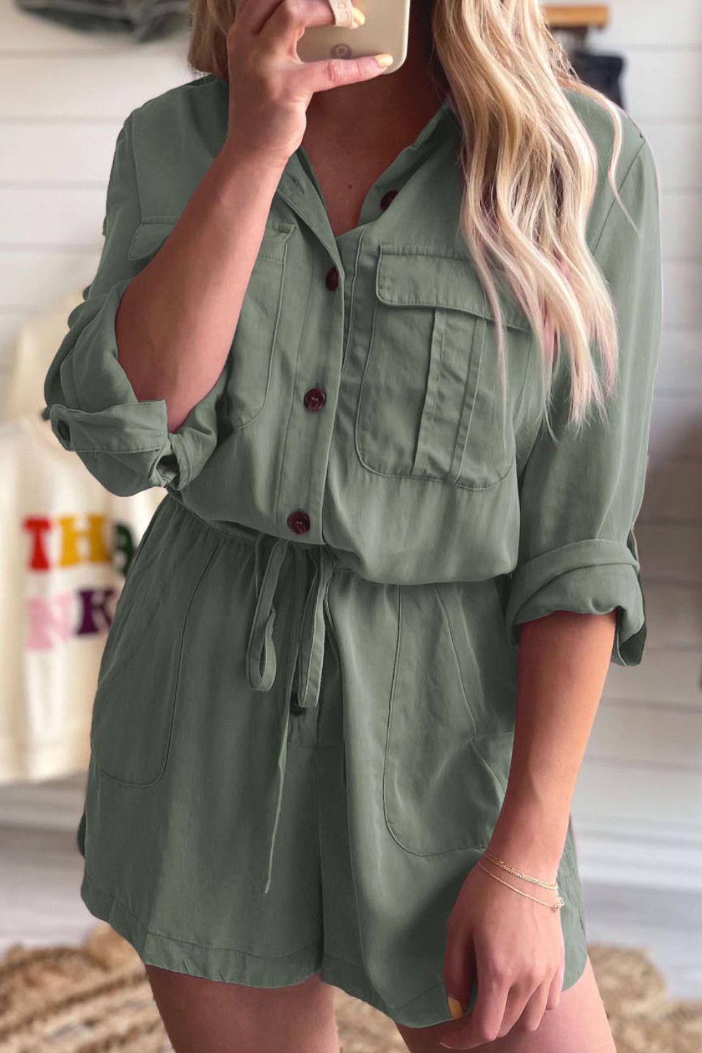 Collared Neck Drawstring Roll-Tab Sleeve Romper Gum Leaf