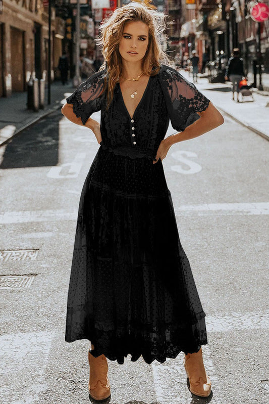 Black Dotty Lace Mesh Flowy Maxi Dress