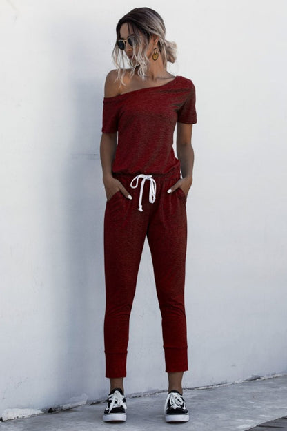 Asymmetrical Neck Tied Jumpsuit with Pockets Wine