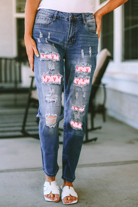 Heart Pattern Distressed Straight Jeans Medium