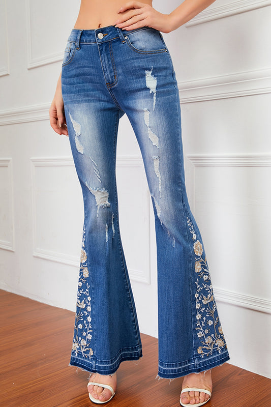 Full Size Flower Embroidery Distressed Jeans Medium