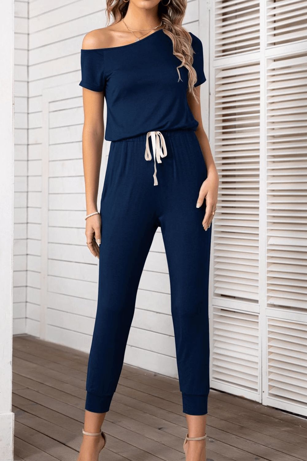 Asymmetrical Neck Short Sleeve Jumpsuit Dark Blue