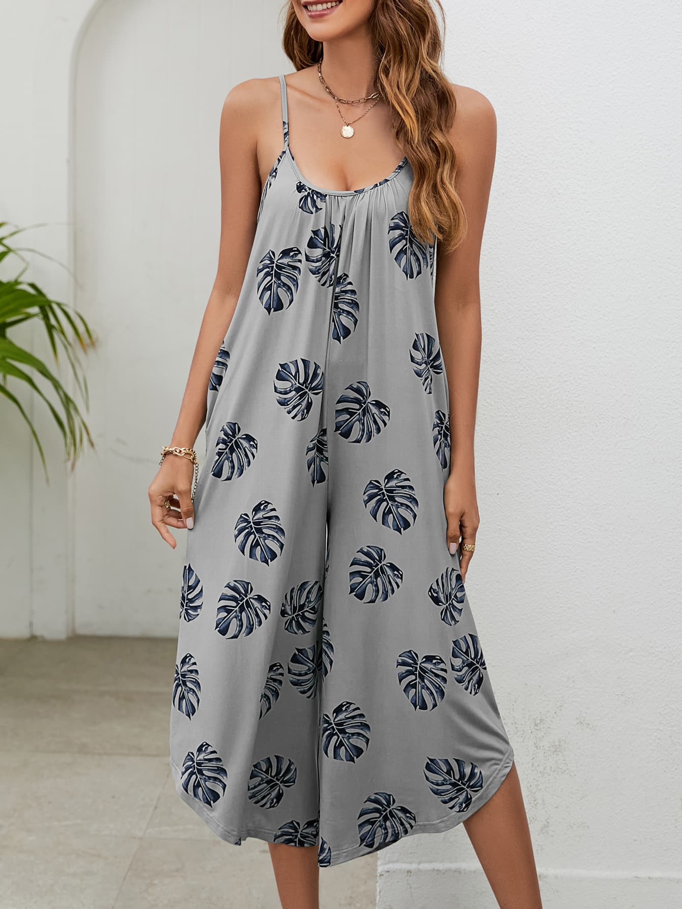 Botanical Print Spaghetti Strap Scoop Neck Jumpsuit Gray Dawn