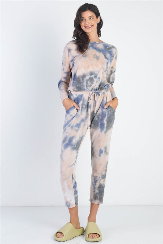 Cherish Apparel Tie-Dye Round Neck Long Sleeve Jumpsuit Navy