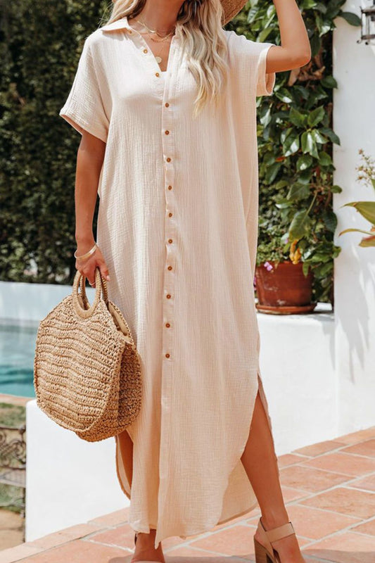 Slit Button Up Shirt Dress Tan