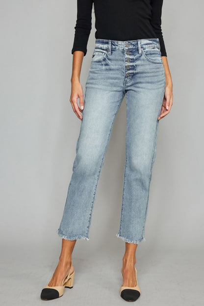 Kancan High Waist Button Fly Raw Hem Cropped Straight Jeans Light