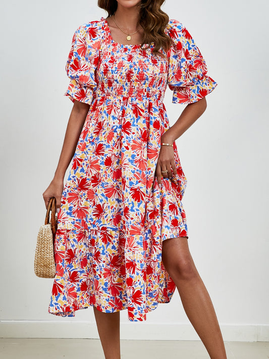 Smocked Floral Square Neck Short Sleeve Dress Burgundy