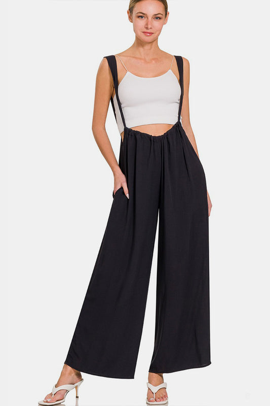 Zenana Tie Back Suspender Jumpsuit with Pockets BLACK