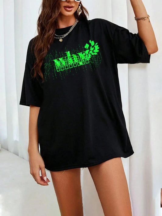 Letter Graphic Round Neck Half Sleeve T-Shirt Black