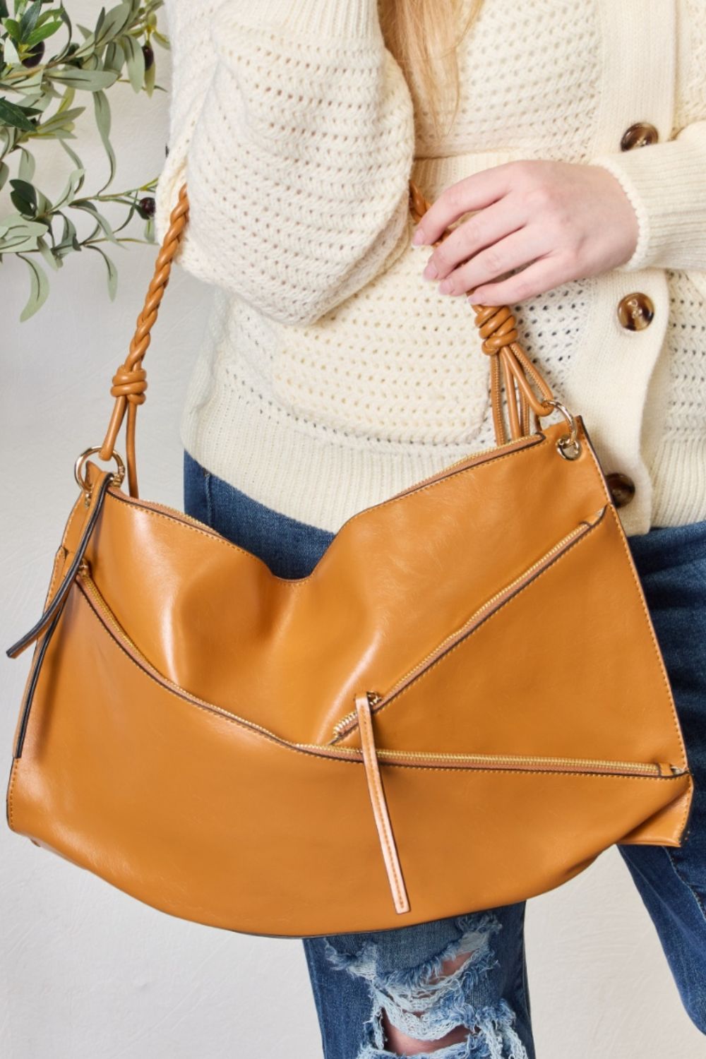 SHOMICO Zipper Detail Shoulder Bag with Pouch TAN One Size