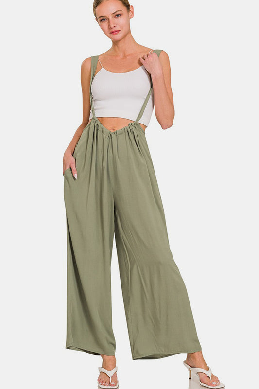 Zenana Pocketed Wide Strap Wide Leg Overalls Lt Olive