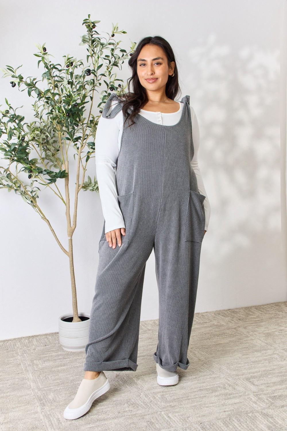 Celeste Full Size Ribbed Tie Shoulder Sleeveless Ankle Overalls Dark Gray