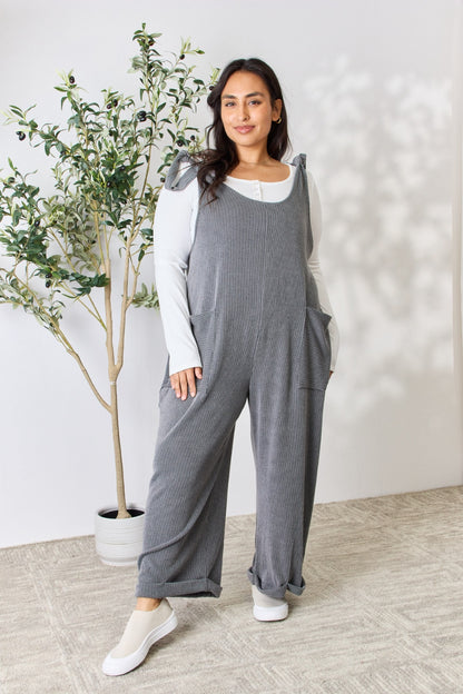 Celeste Full Size Ribbed Tie Shoulder Sleeveless Ankle Overalls Dark Gray