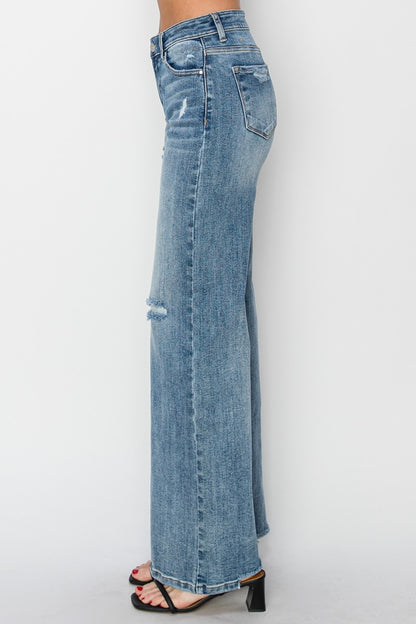 RISEN Full Size High Waist Distressed Wide Leg Jeans