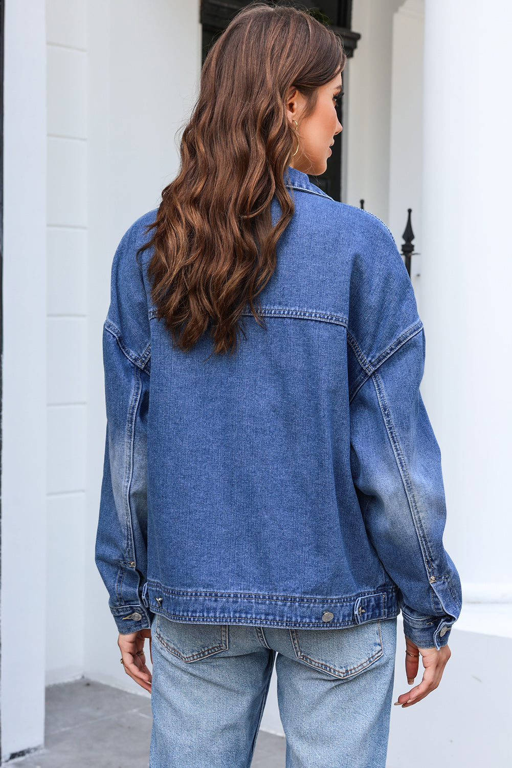 Button Up Dropped Shoulder Denim Jacket with Pockets