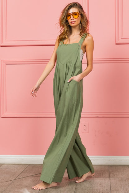 BiBi Ruched Wide Leg Overalls with Pockets Dust Sage