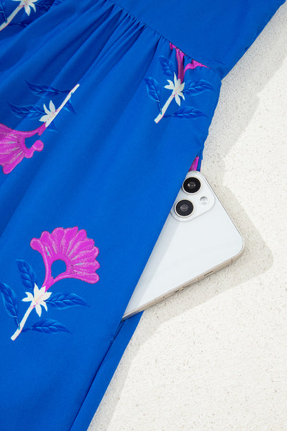 Blue Floral Print Notched Neck Butterfly Sleeve Shift Long Dress