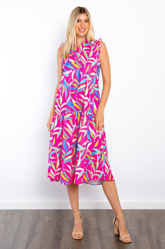 Be Stage Print Ruffled Midi Dress with Pockets Fuchsia