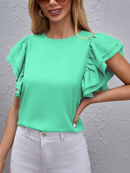 FAM-FAM Round Neck Flounce Sleeve Blouse Aqua