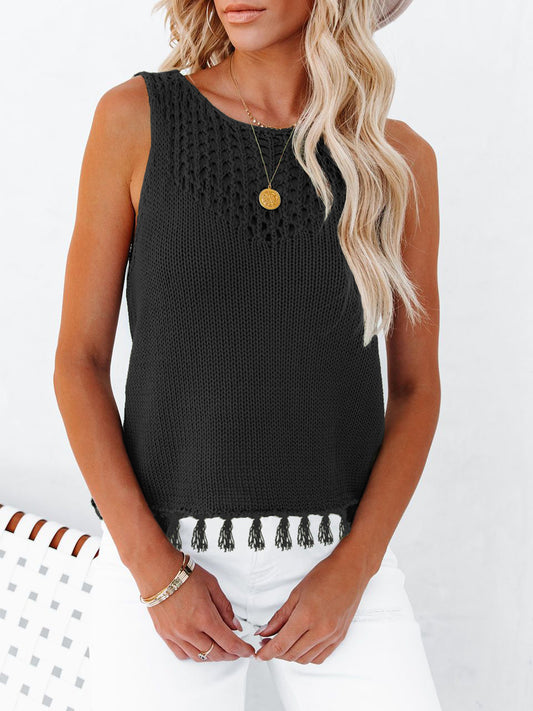 Cutout Tassel Round Neck Tank Black