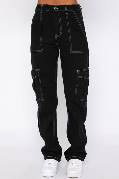 Contrast Stitching High Waist Cargo Jeans Black