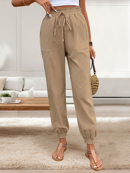 Tied Elastic Waist Pants with Pockets Tan