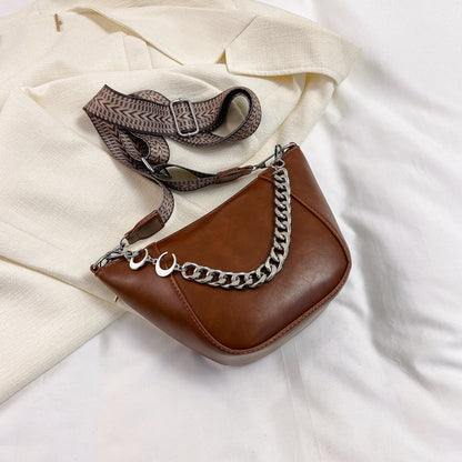 PU Leather Chain Trim Crossbody Bag Brown One Size