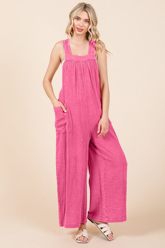 Culture Code Full Size Pocketed Sleeveless Wide Leg Overalls Pink Girl