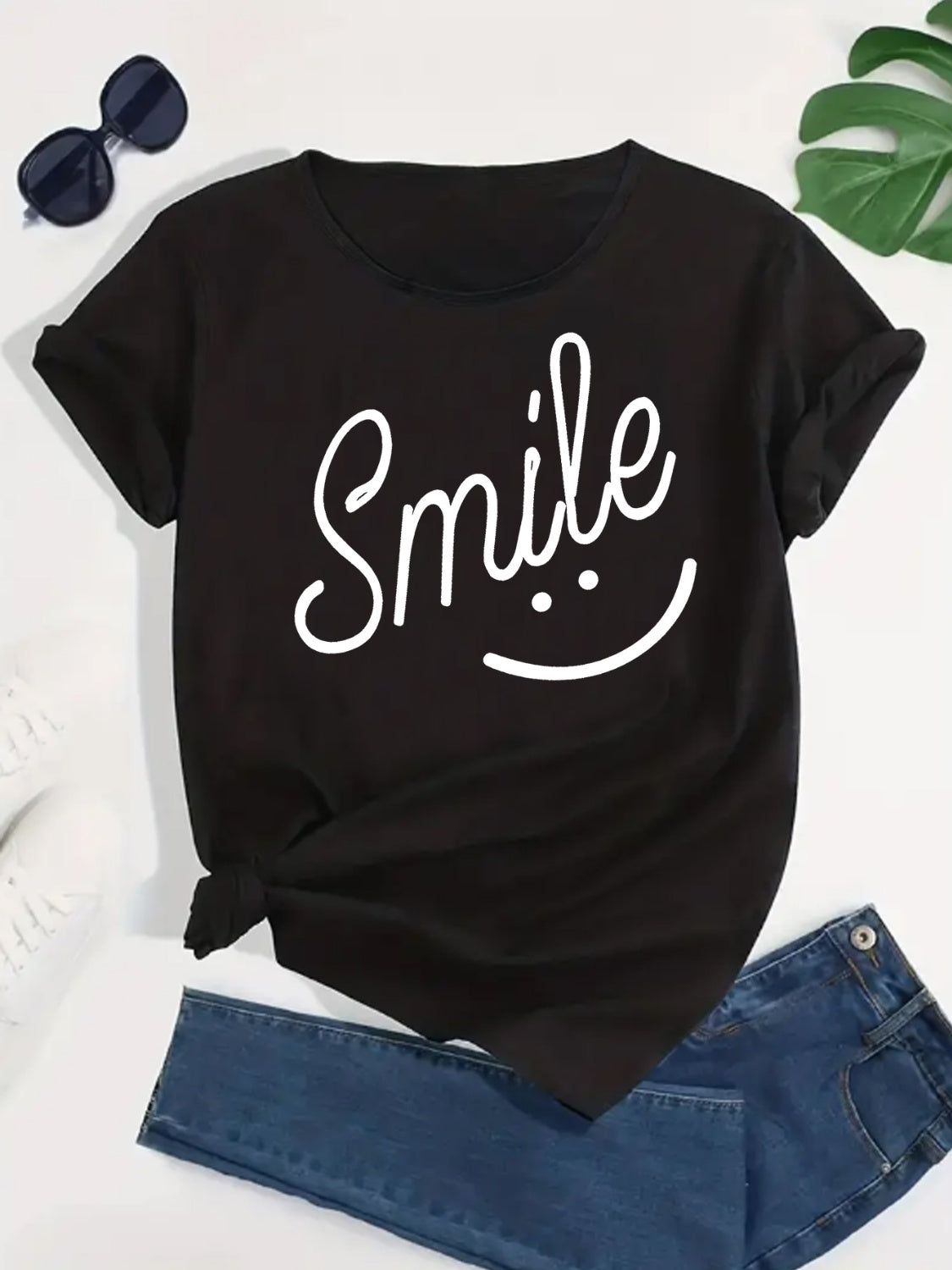 SMILE Round Neck Short Sleeve T-Shirt Black