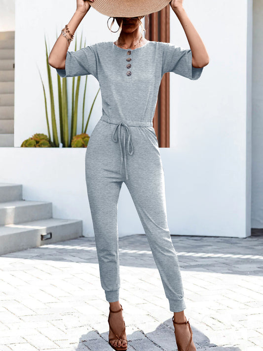 Buttoned Half Sleeve Round Neck Jumpsuit Gray Dawn