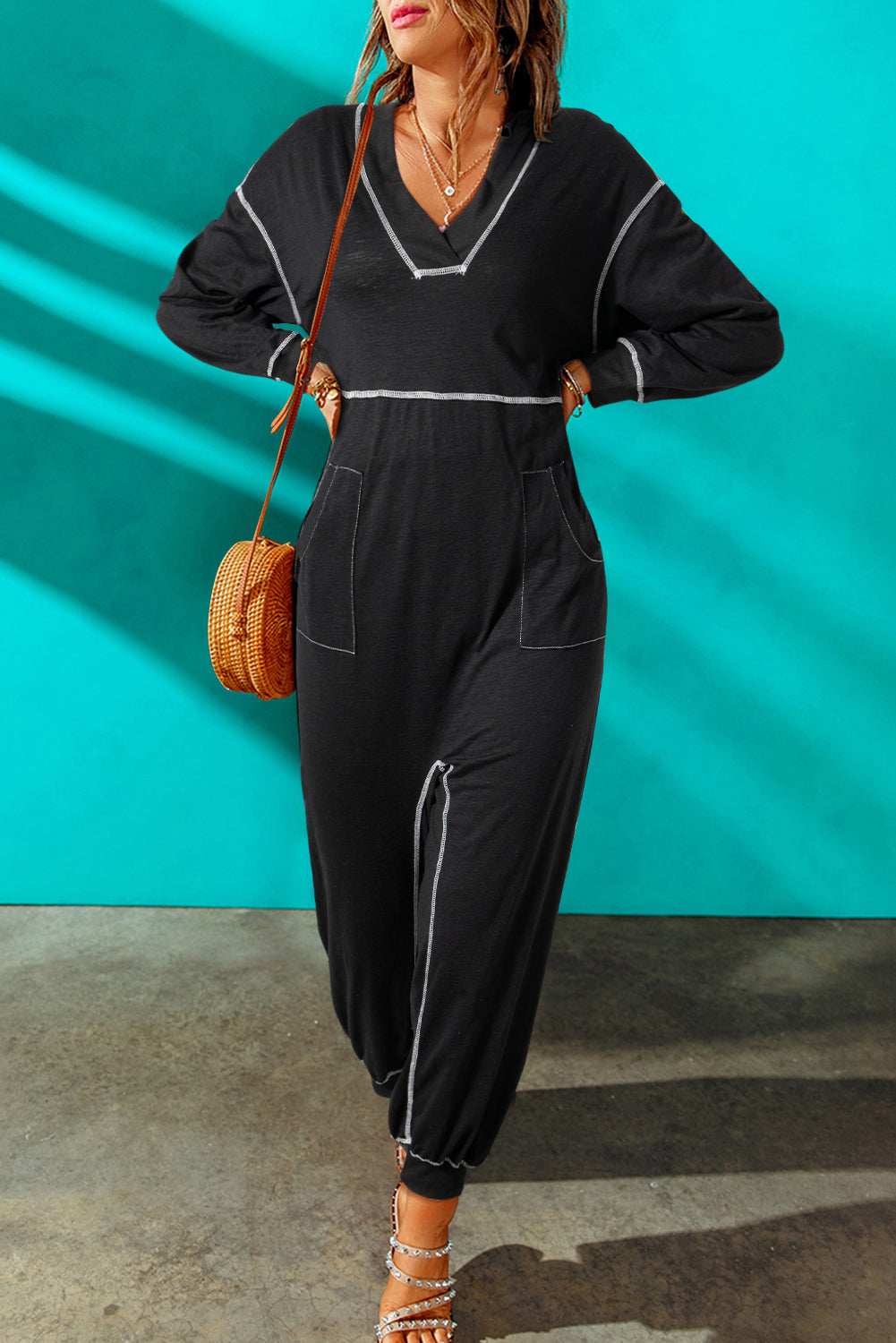 Contrast Stitching Pocketed Dropped Shoulder Jumpsuit Black