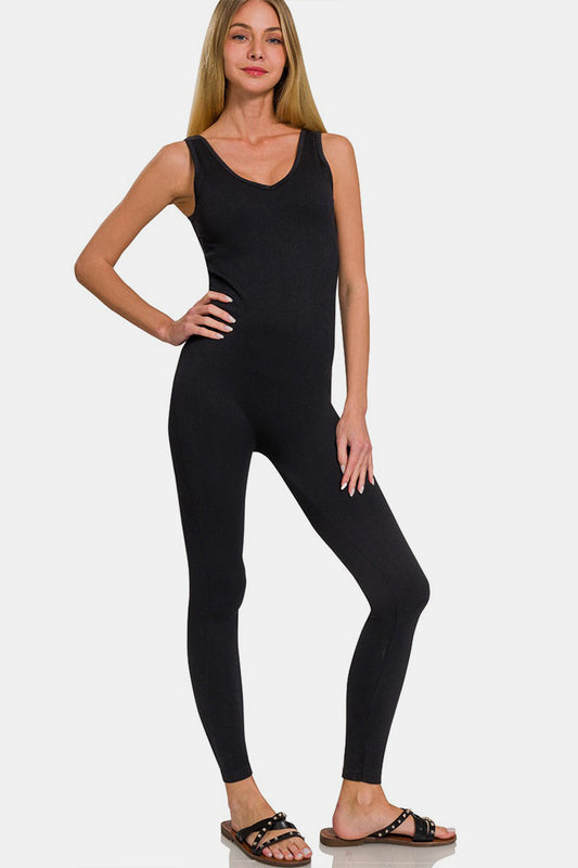 Zenana Ribbed Bra Padded Sports Seamless Jumpsuit Black